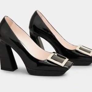 Roger Vivier Viv' Square Metal Buckle Platform Pumps in Patent Leather